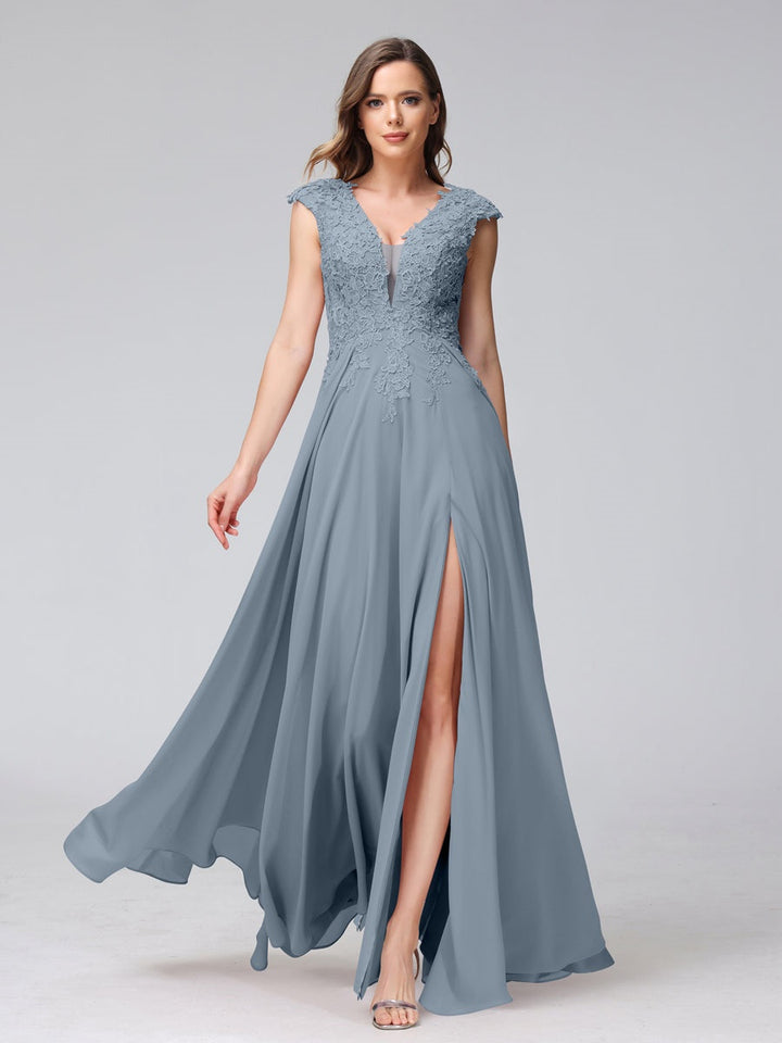 Ligne A/Princesse Col en V Sans Manches Mousseline LongBridemaid Robes avec Asymétrique Côté Divisé