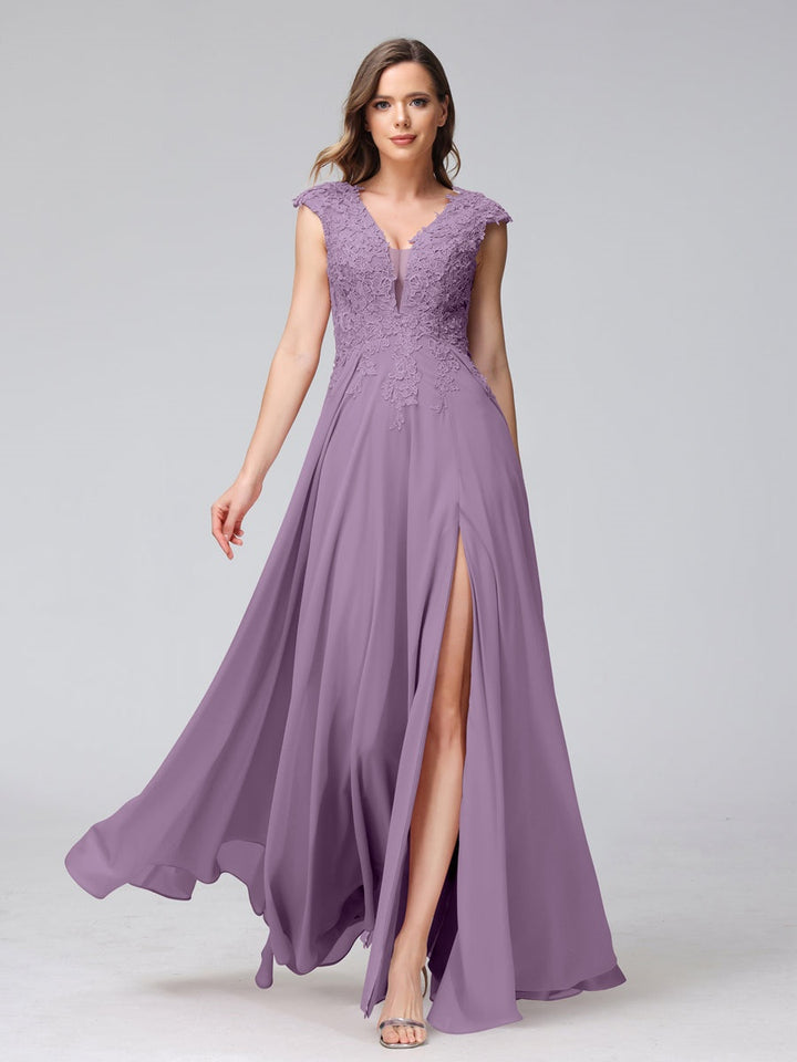 Ligne A/Princesse Col en V Sans Manches Mousseline LongBridemaid Robes avec Asymétrique Côté Divisé