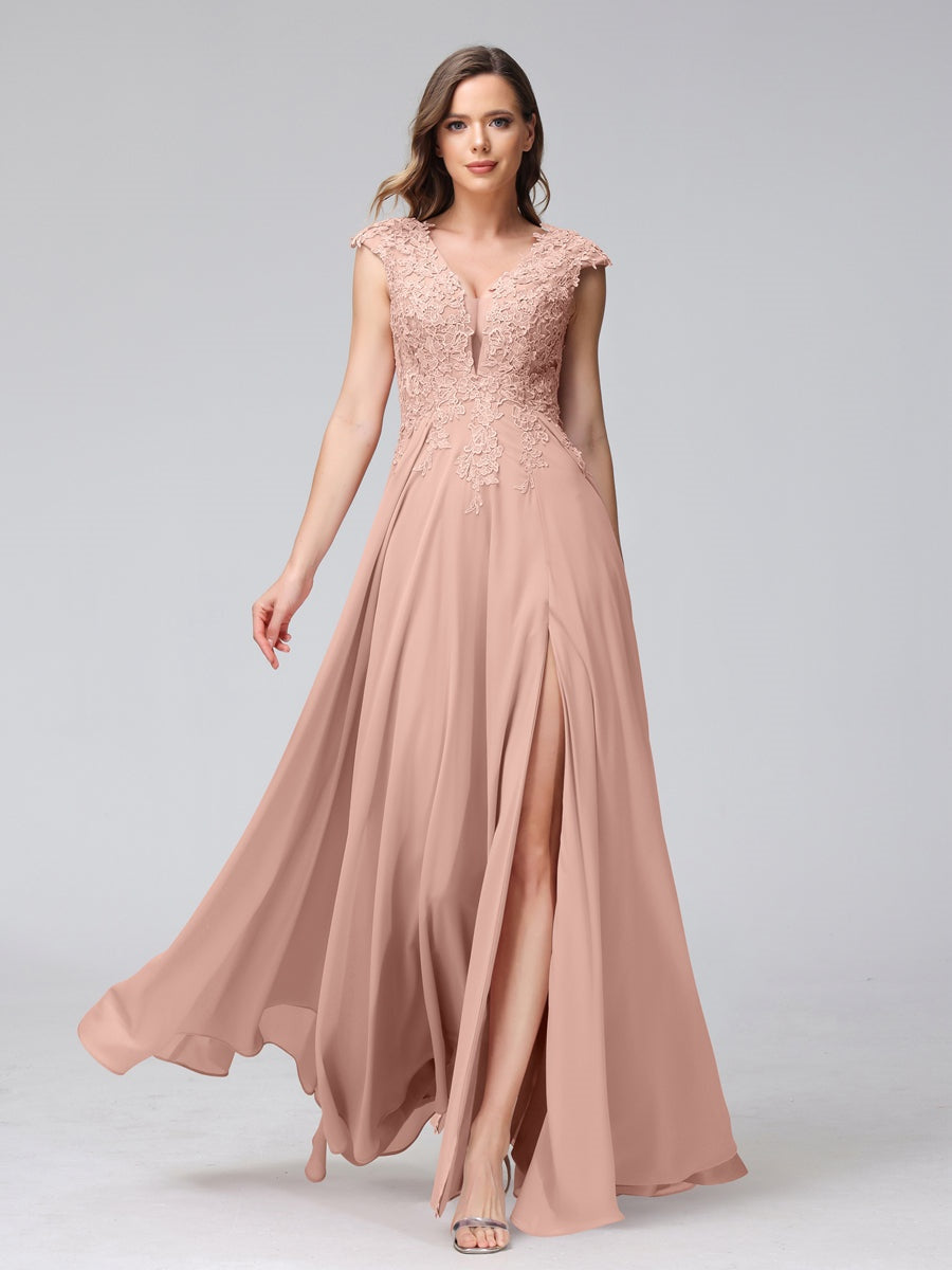 Ligne A/Princesse Col en V Sans Manches Mousseline LongBridemaid Robes avec Asymétrique Côté Divisé