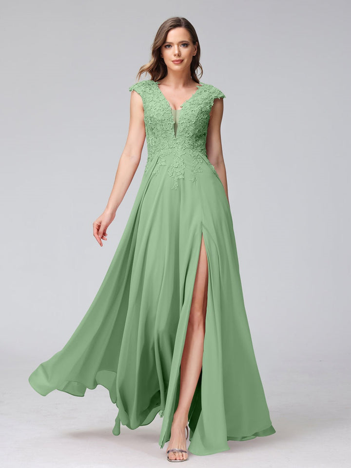 Ligne A/Princesse Col en V Sans Manches Mousseline LongBridemaid Robes avec Asymétrique Côté Divisé