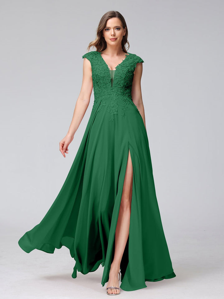 Ligne A/Princesse Col en V Sans Manches Mousseline LongBridemaid Robes avec Asymétrique Côté Divisé