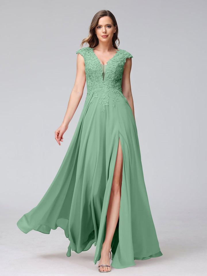 Ligne A/Princesse Col en V Sans Manches Mousseline LongBridemaid Robes avec Asymétrique Côté Divisé