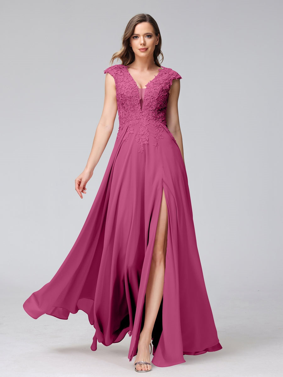 Ligne A/Princesse Col en V Sans Manches Mousseline LongBridemaid Robes avec Asymétrique Côté Divisé