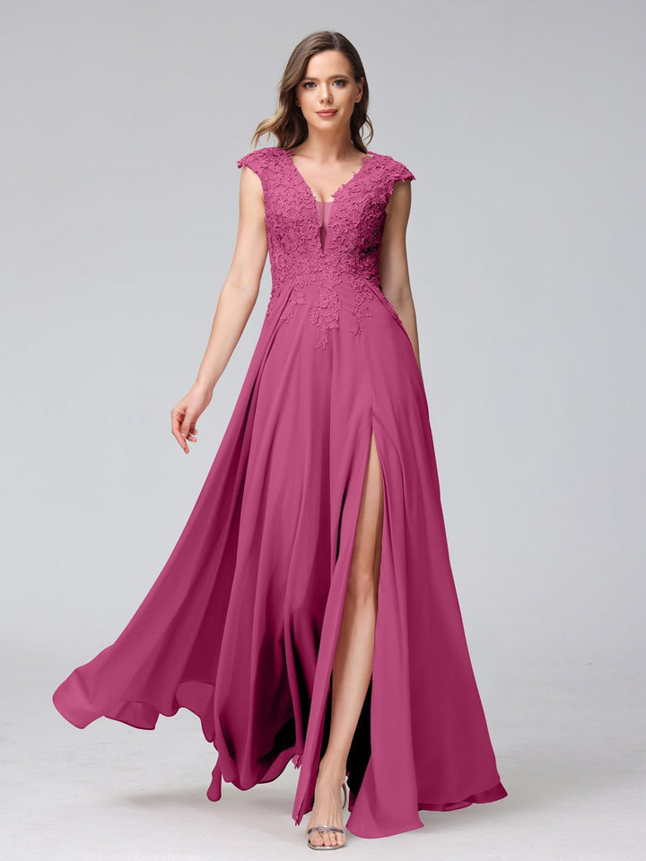 Ligne A/Princesse Col en V Sans Manches Mousseline LongBridemaid Robes avec Asymétrique Côté Divisé