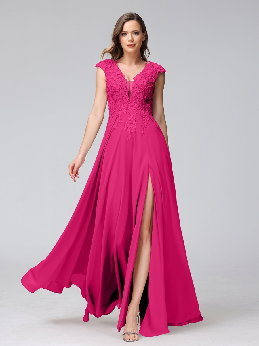 Ligne A/Princesse Col en V Sans Manches Mousseline LongBridemaid Robes avec Asymétrique Côté Divisé