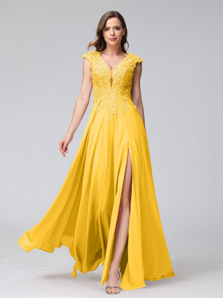 Ligne A/Princesse Col en V Sans Manches Mousseline LongBridemaid Robes avec Asymétrique Côté Divisé