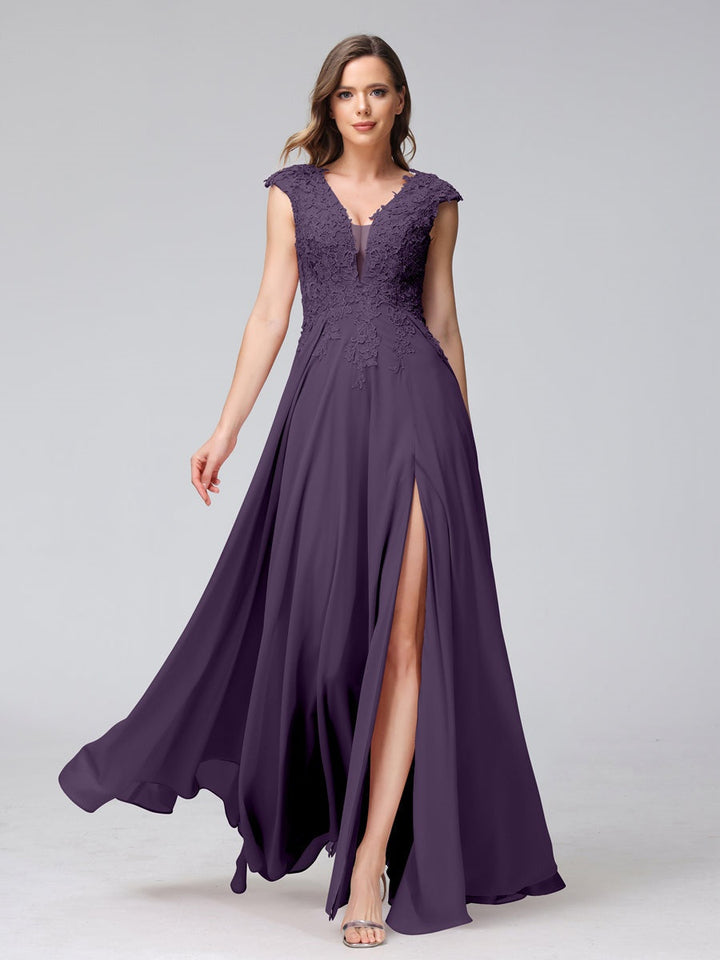 Ligne A/Princesse Col en V Sans Manches Mousseline LongBridemaid Robes avec Asymétrique Côté Divisé