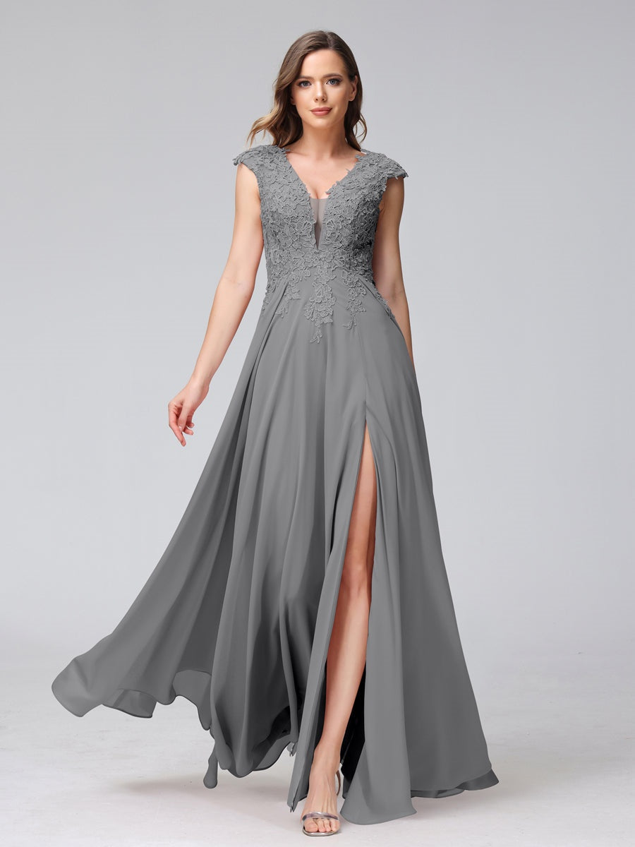 Ligne A/Princesse Col en V Sans Manches Mousseline LongBridemaid Robes avec Asymétrique Côté Divisé