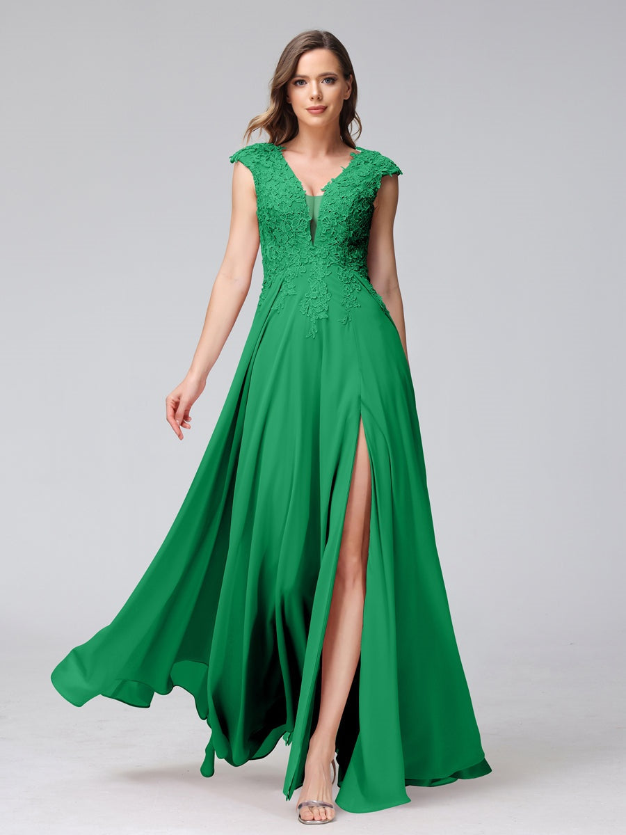 Ligne A/Princesse Col en V Sans Manches Mousseline LongBridemaid Robes avec Asymétrique Côté Divisé
