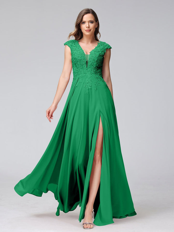 Ligne A/Princesse Col en V Sans Manches Mousseline LongBridemaid Robes avec Asymétrique Côté Divisé