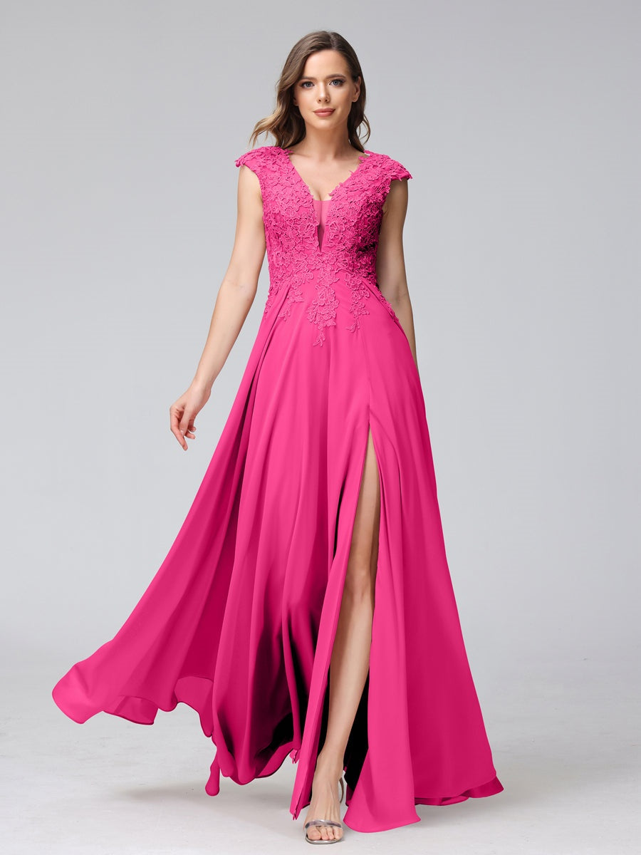 Ligne A/Princesse Col en V Sans Manches Mousseline LongBridemaid Robes avec Asymétrique Côté Divisé