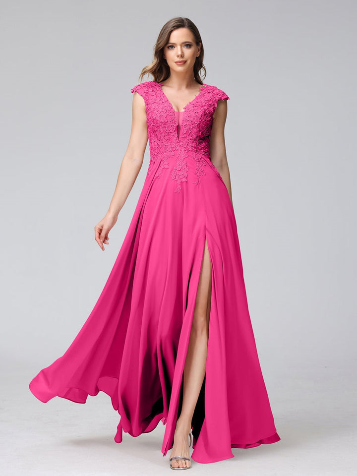 Ligne A/Princesse Col en V Sans Manches Mousseline LongBridemaid Robes avec Asymétrique Côté Divisé