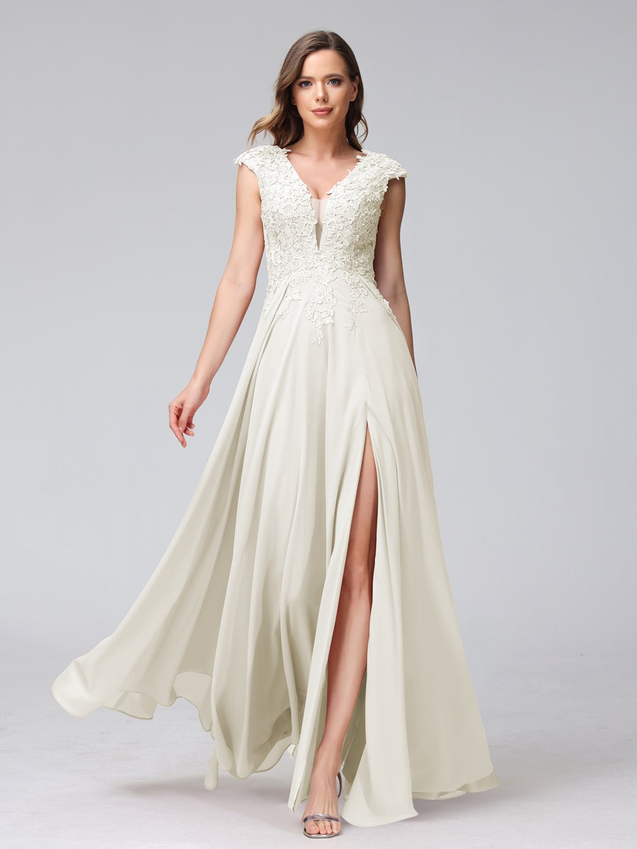 Ligne A/Princesse Col en V Sans Manches Mousseline LongBridemaid Robes avec Asymétrique Côté Divisé