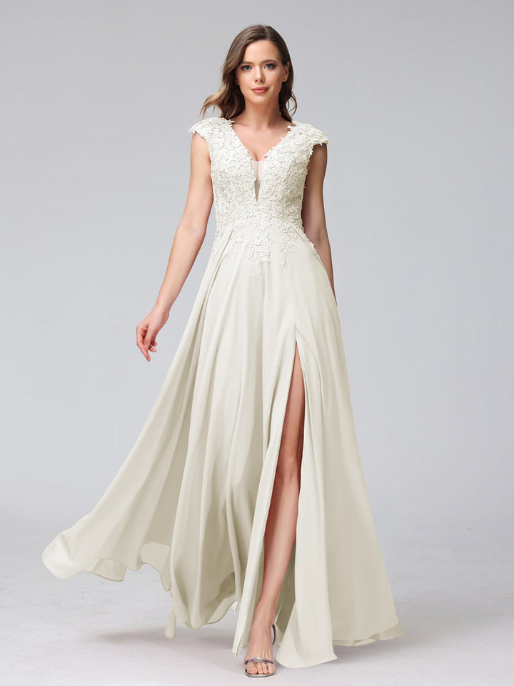 Ligne A/Princesse Col en V Sans Manches Mousseline LongBridemaid Robes avec Asymétrique Côté Divisé