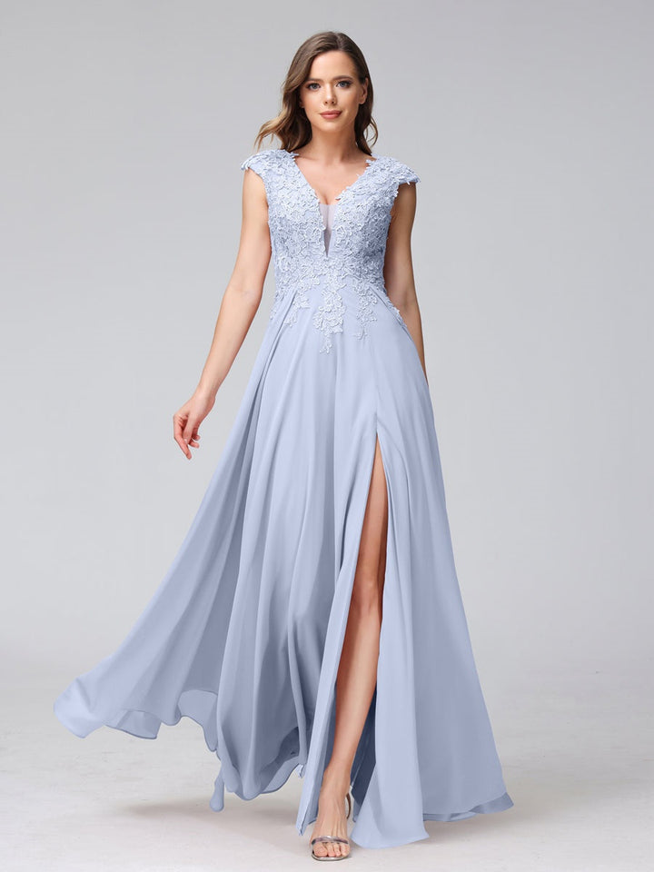 Ligne A/Princesse Col en V Sans Manches Mousseline LongBridemaid Robes avec Asymétrique Côté Divisé