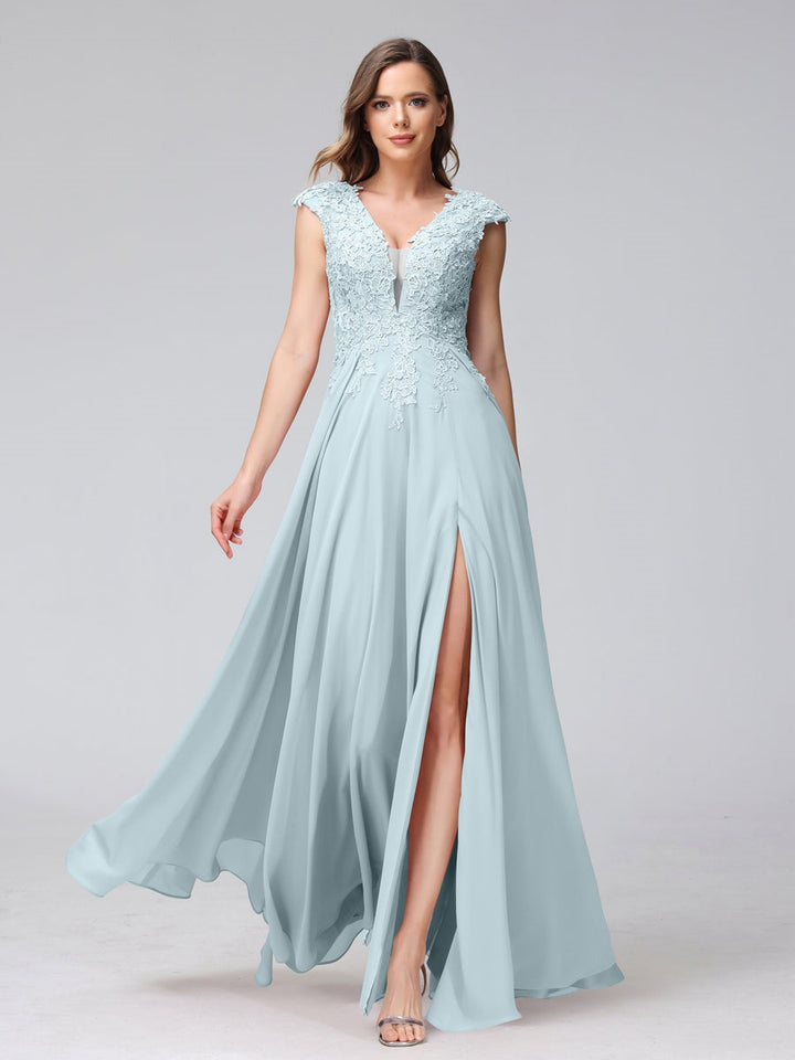 Ligne A/Princesse Col en V Sans Manches Mousseline LongBridemaid Robes avec Asymétrique Côté Divisé