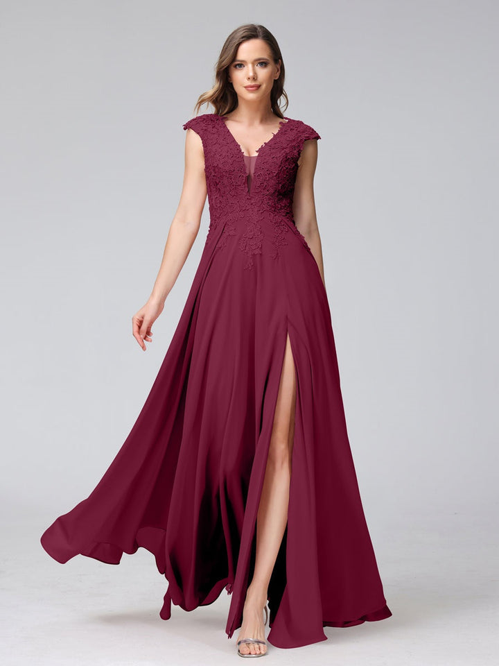 Ligne A/Princesse Col en V Sans Manches Mousseline LongBridemaid Robes avec Asymétrique Côté Divisé