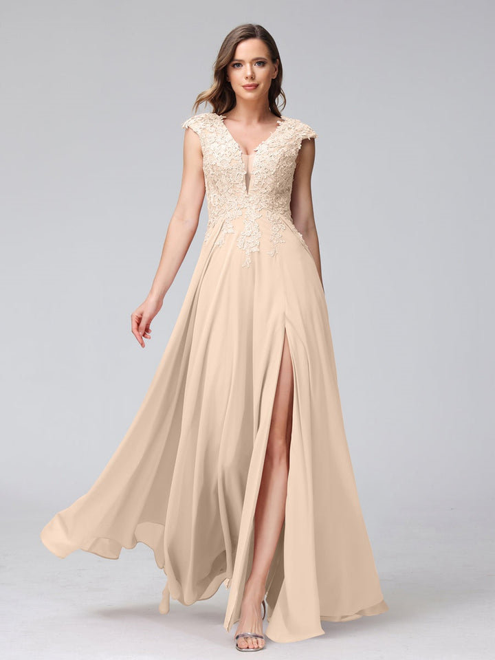 Ligne A/Princesse Col en V Sans Manches Mousseline LongBridemaid Robes avec Asymétrique Côté Divisé