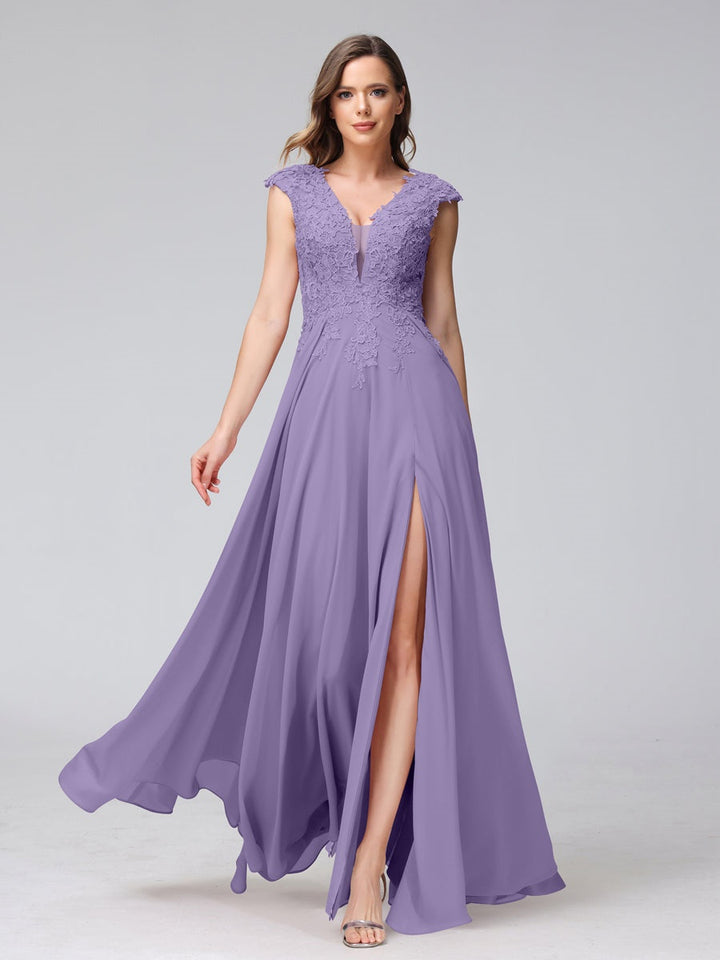 Ligne A/Princesse Col en V Sans Manches Mousseline LongBridemaid Robes avec Asymétrique Côté Divisé