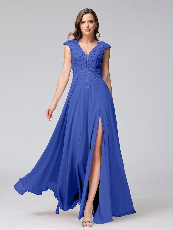 Ligne A/Princesse Col en V Sans Manches Mousseline LongBridemaid Robes avec Asymétrique Côté Divisé