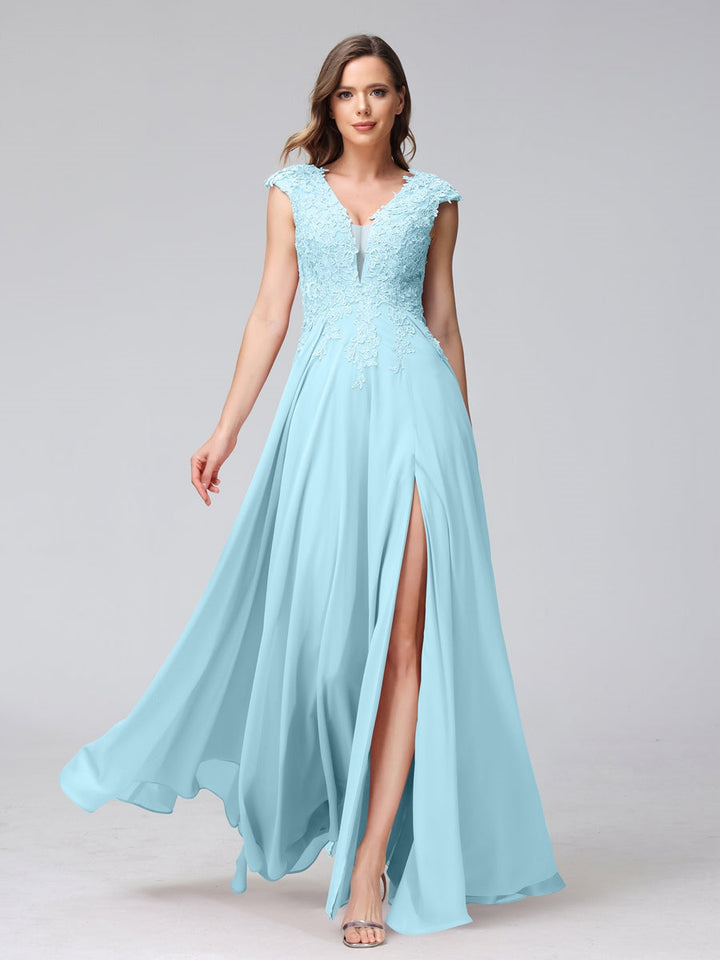 Ligne A/Princesse Col en V Sans Manches Mousseline LongBridemaid Robes avec Asymétrique Côté Divisé