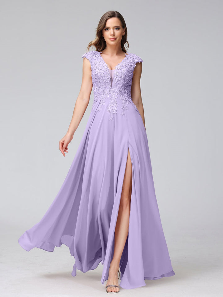 Ligne A/Princesse Col en V Sans Manches Mousseline LongBridemaid Robes avec Asymétrique Côté Divisé