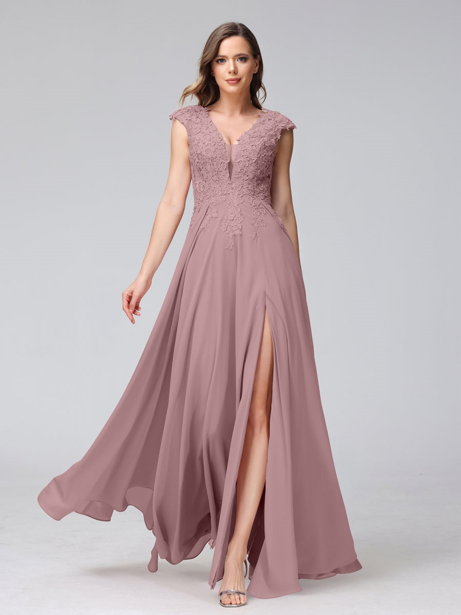 Ligne A/Princesse Col en V Sans Manches Mousseline LongBridemaid Robes avec Asymétrique Côté Divisé