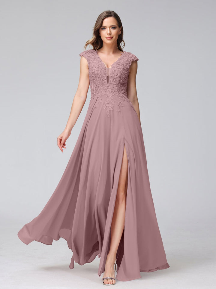 Ligne A/Princesse Col en V Sans Manches Mousseline LongBridemaid Robes avec Asymétrique Côté Divisé