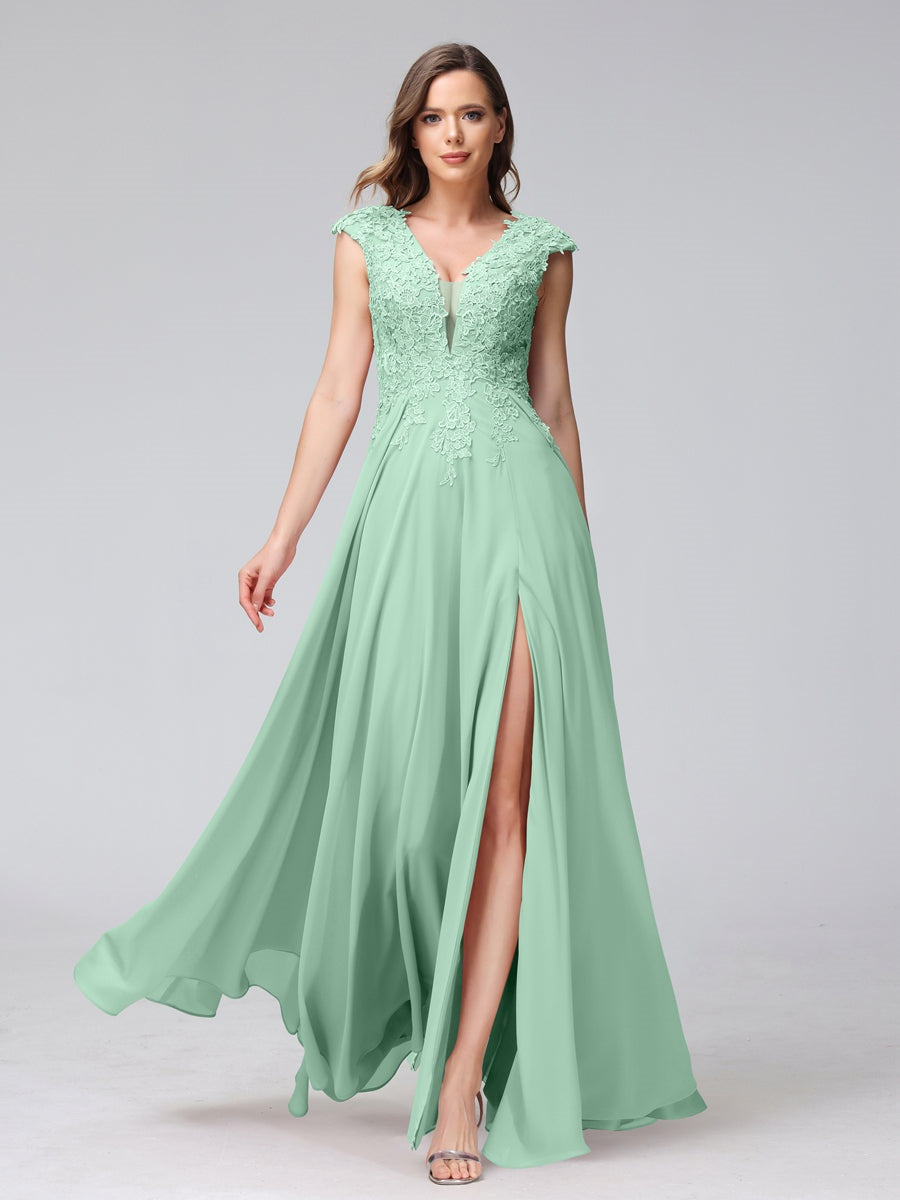 Ligne A/Princesse Col en V Sans Manches Mousseline LongBridemaid Robes avec Asymétrique Côté Divisé