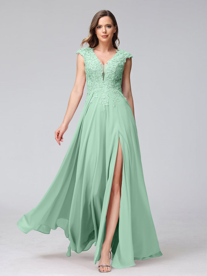 Ligne A/Princesse Col en V Sans Manches Mousseline LongBridemaid Robes avec Asymétrique Côté Divisé