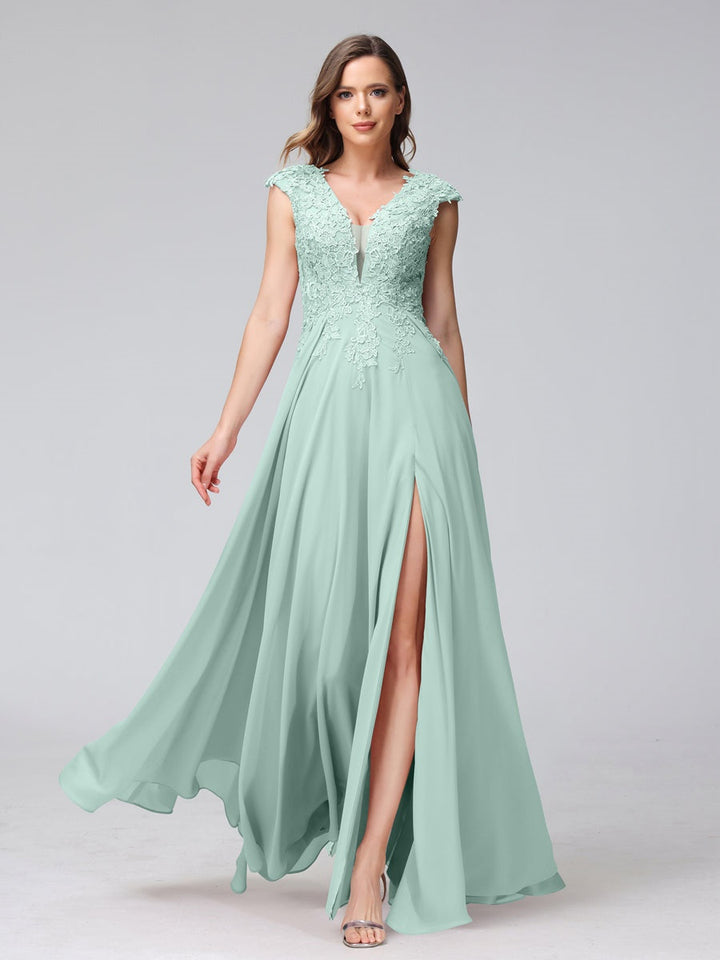 Ligne A/Princesse Col en V Sans Manches Mousseline LongBridemaid Robes avec Asymétrique Côté Divisé