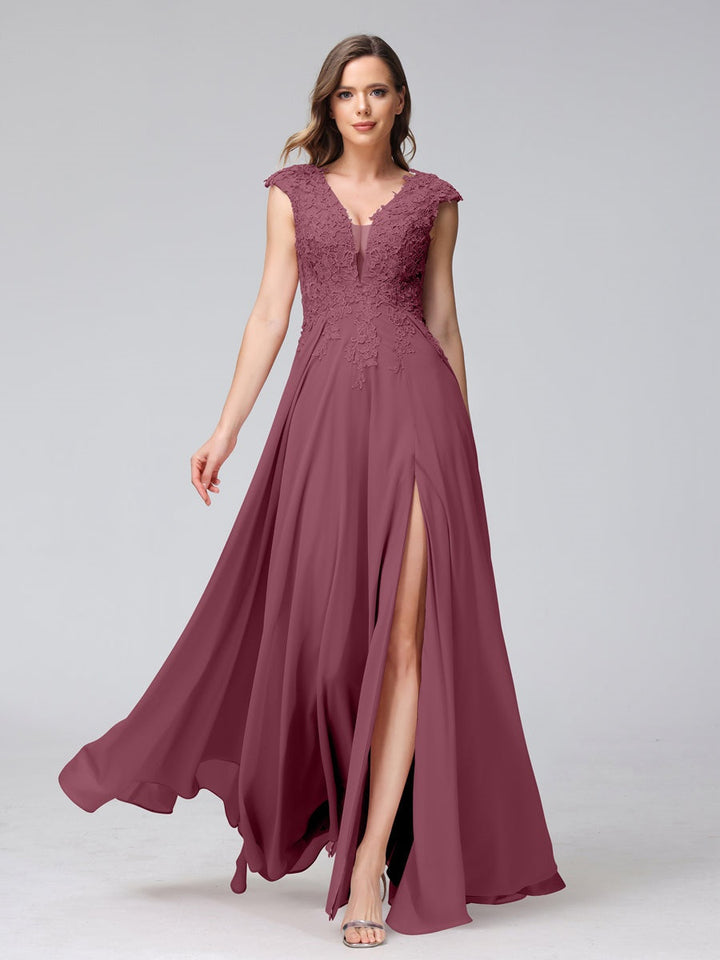 Ligne A/Princesse Col en V Sans Manches Mousseline LongBridemaid Robes avec Asymétrique Côté Divisé