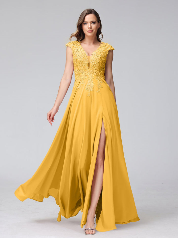 Ligne A/Princesse Col en V Sans Manches Mousseline LongBridemaid Robes avec Asymétrique Côté Divisé