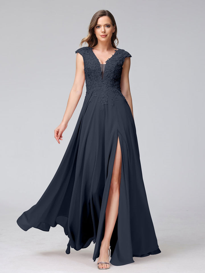 Ligne A/Princesse Col en V Sans Manches Mousseline LongBridemaid Robes avec Asymétrique Côté Divisé