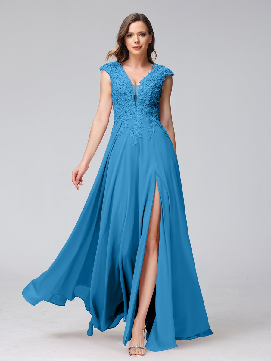 Ligne A/Princesse Col en V Sans Manches Mousseline LongBridemaid Robes avec Asymétrique Côté Divisé