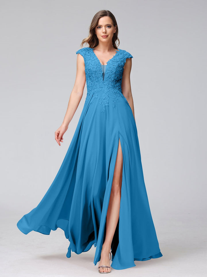 Ligne A/Princesse Col en V Sans Manches Mousseline LongBridemaid Robes avec Asymétrique Côté Divisé