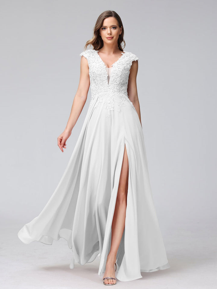 Ligne A/Princesse Col en V Sans Manches Mousseline LongBridemaid Robes avec Asymétrique Côté Divisé