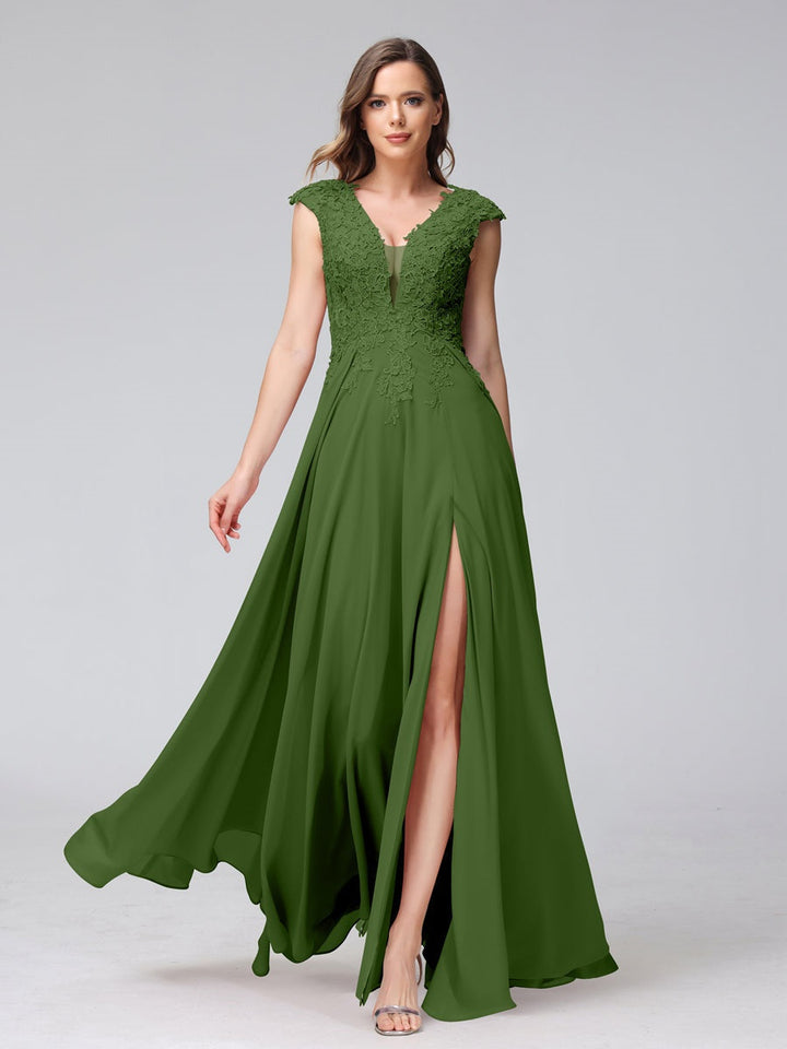 Ligne A/Princesse Col en V Sans Manches Mousseline LongBridemaid Robes avec Asymétrique Côté Divisé