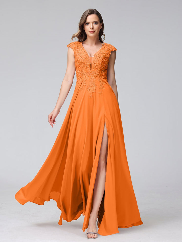 Ligne A/Princesse Col en V Sans Manches Mousseline LongBridemaid Robes avec Asymétrique Côté Divisé