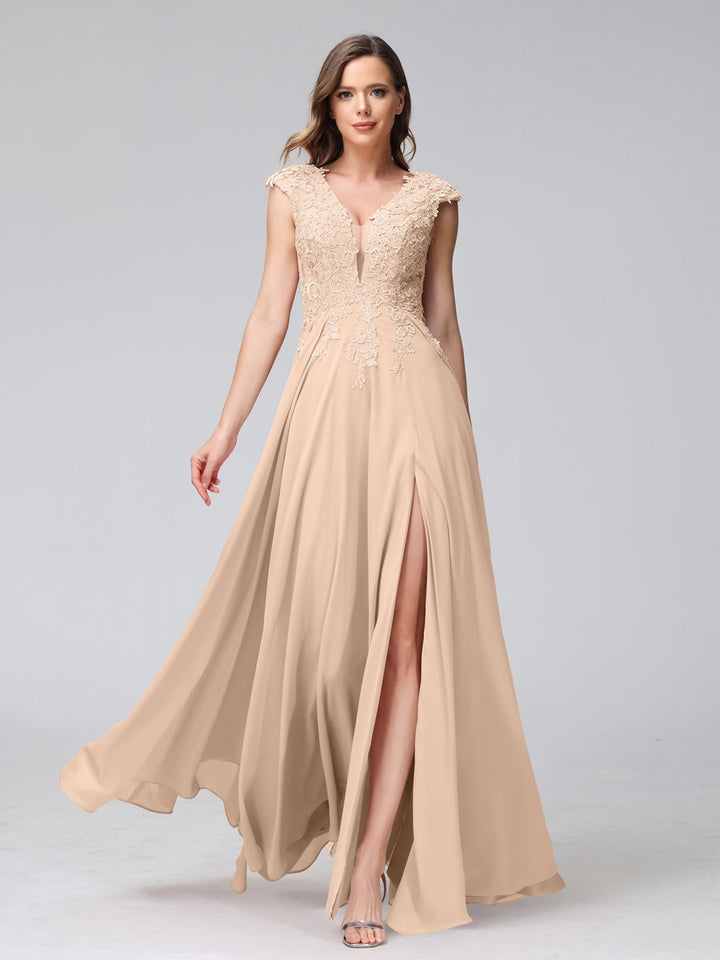 Ligne A/Princesse Col en V Sans Manches Mousseline LongBridemaid Robes avec Asymétrique Côté Divisé