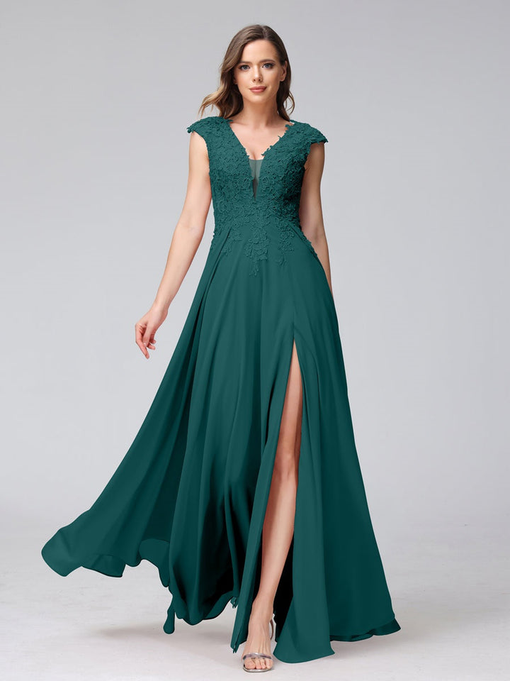 Ligne A/Princesse Col en V Sans Manches Mousseline LongBridemaid Robes avec Asymétrique Côté Divisé