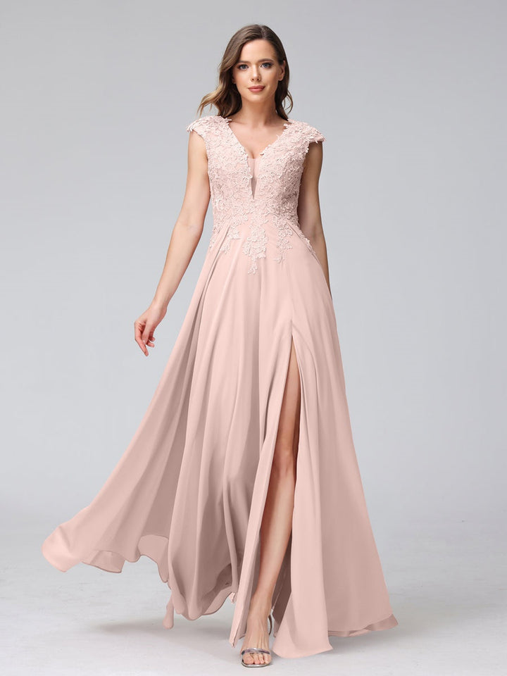 Ligne A/Princesse Col en V Sans Manches Mousseline LongBridemaid Robes avec Asymétrique Côté Divisé