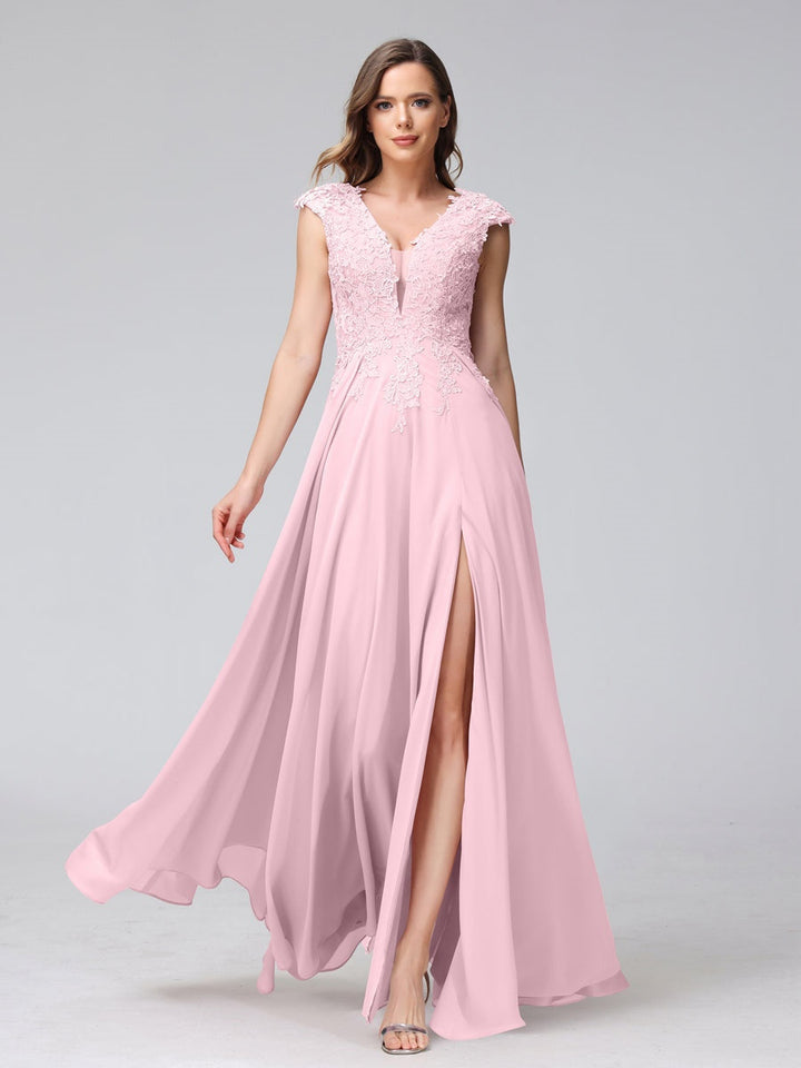 Ligne A/Princesse Col en V Sans Manches Mousseline LongBridemaid Robes avec Asymétrique Côté Divisé