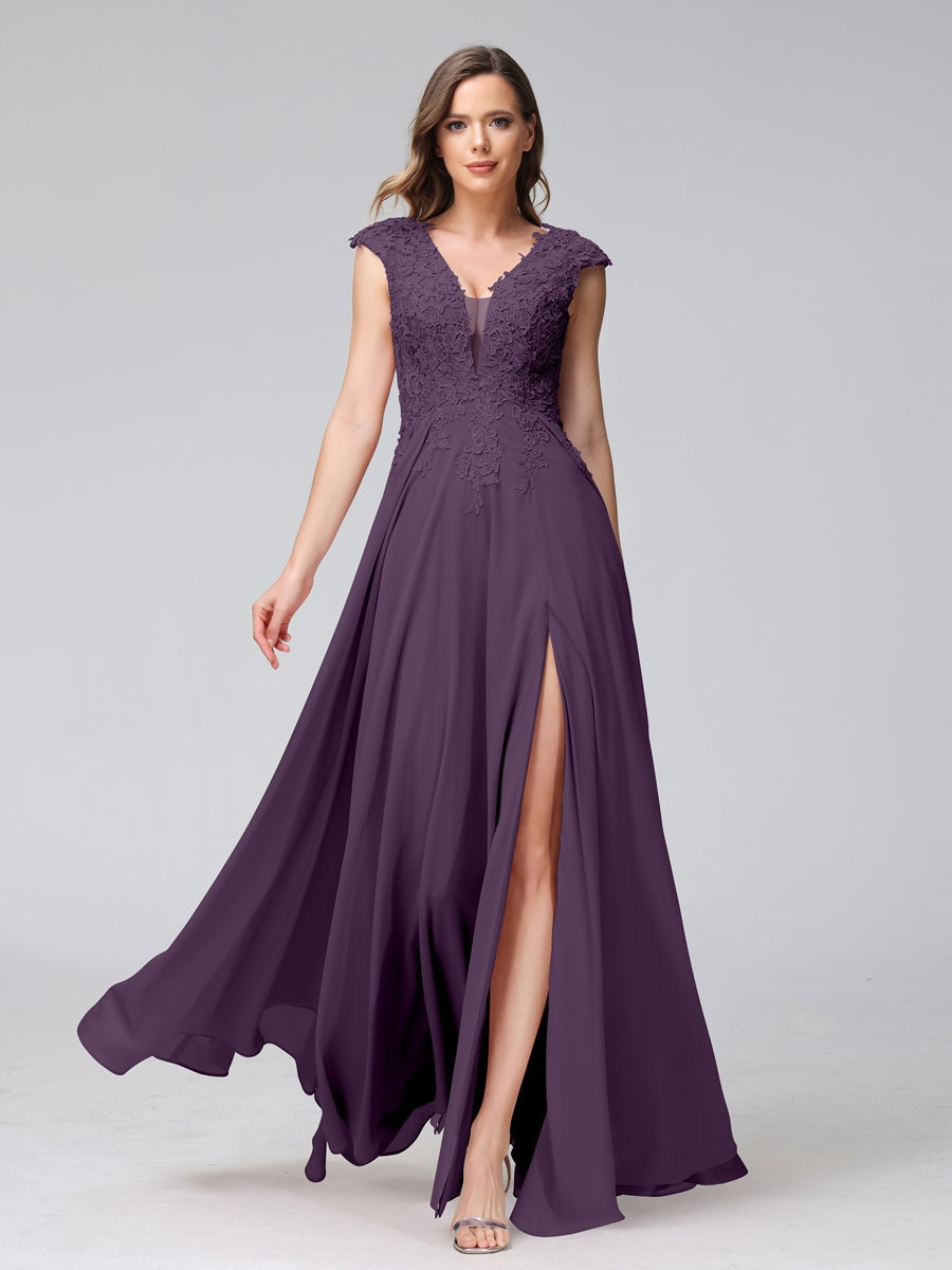 Ligne A/Princesse Col en V Sans Manches Mousseline LongBridemaid Robes avec Asymétrique Côté Divisé