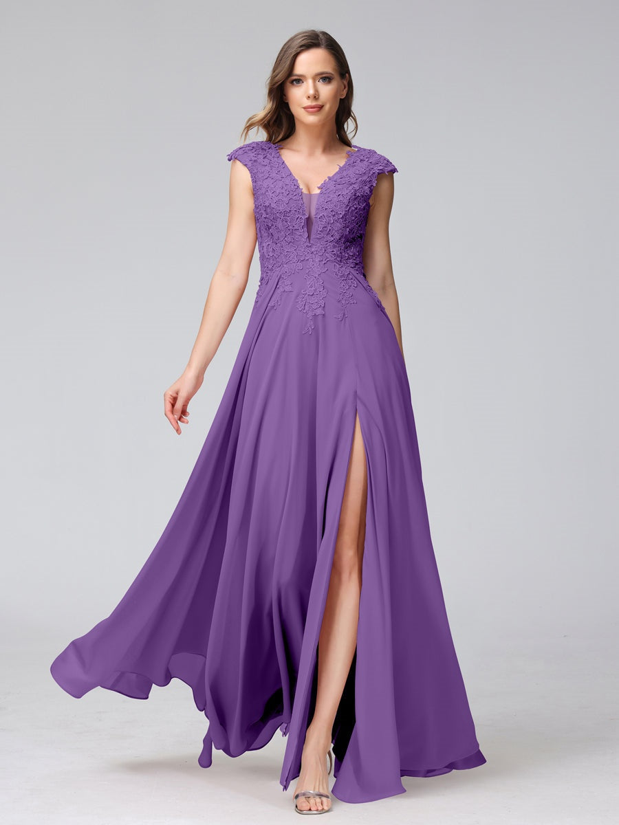 Ligne A/Princesse Col en V Sans Manches Mousseline LongBridemaid Robes avec Asymétrique Côté Divisé