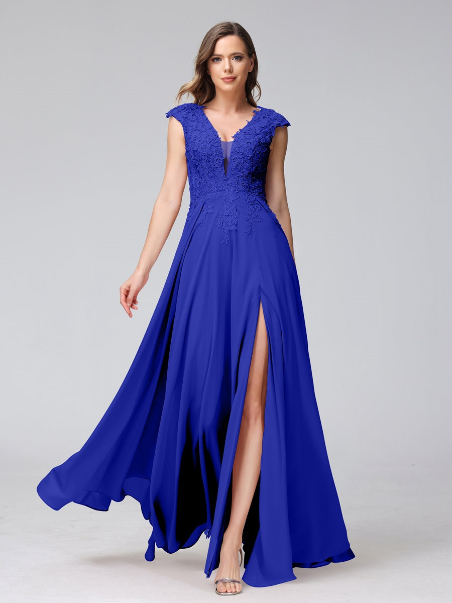 Ligne A/Princesse Col en V Sans Manches Mousseline LongBridemaid Robes avec Asymétrique Côté Divisé