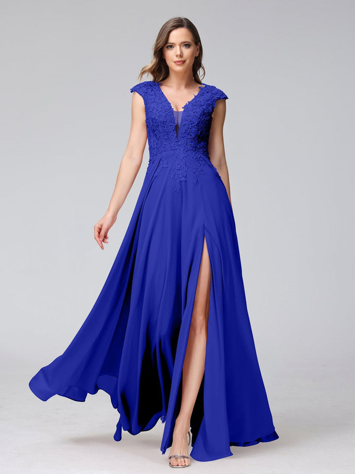 Ligne A/Princesse Col en V Sans Manches Mousseline LongBridemaid Robes avec Asymétrique Côté Divisé