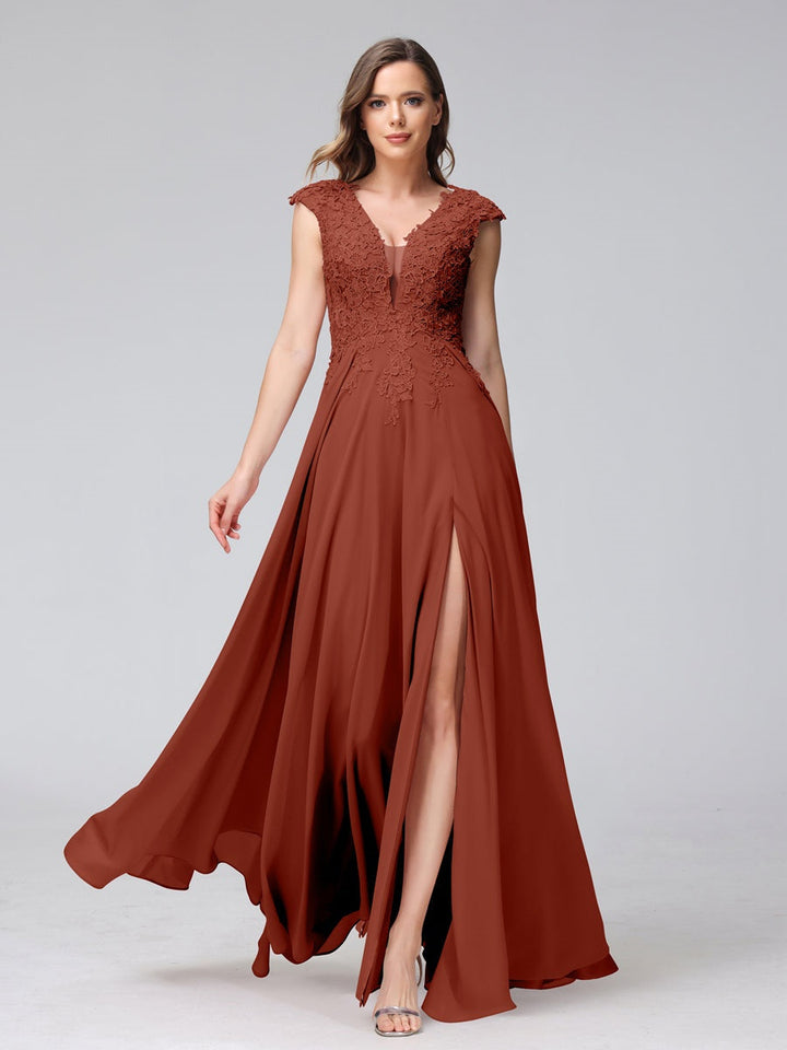 Ligne A/Princesse Col en V Sans Manches Mousseline LongBridemaid Robes avec Asymétrique Côté Divisé