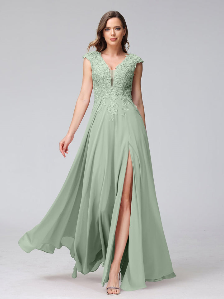 Ligne A/Princesse Col en V Sans Manches Mousseline LongBridemaid Robes avec Asymétrique Côté Divisé