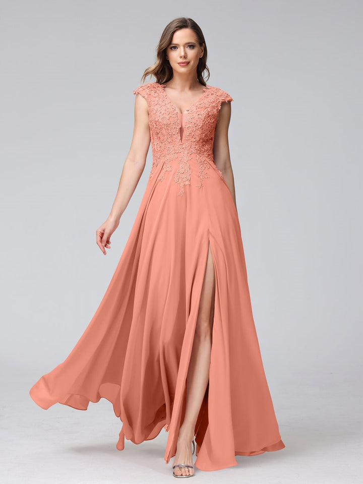 Ligne A/Princesse Col en V Sans Manches Mousseline LongBridemaid Robes avec Asymétrique Côté Divisé